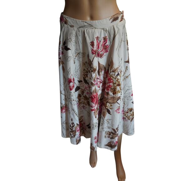 Floral Midi Skirt 100% Cotton Lined A-Line Elastic Waist Pink Brown White - Picture 1 of 7